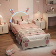 Cama tapizada infantil 90x200 con iluminación LED, estructura de cama individual con somier, cama de princesa para niña con cabecero en forma de conejo para dormitorio, tela de terciopelo, blanco (Blanco-C, 90x200 cm)