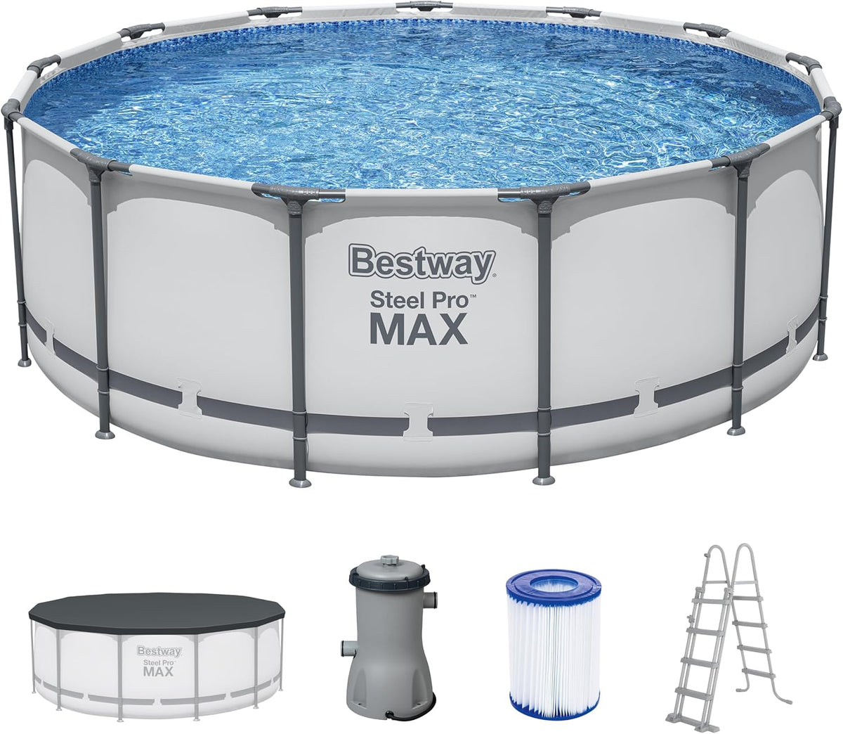 Set de piscina elevada Bestway® Steel Pro MAX™ con bomba de filtro, Ø 396 x 122 cm, gris claro, redonda