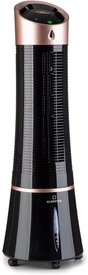 Klarstein 4 en 1: Enfriador de aire inteligente, ventilador, humidificador e ionizador I Depósito de agua de 6 L, oscilación, 30 W, 210 m³/h, temporizador I Aire acondicionado sin tubo de escape, aire acondicionado portátil, negro-oro rosa