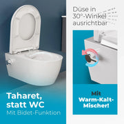Inodoro con bidet suspendido SSWW sin reborde, 52 cm, boquilla de acero inoxidable, asiento de duroplast con cierre suave, revestimiento nano, agua fría y caliente