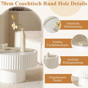 Mesa de centro redonda de madera, mesa de salón redonda con diseño acanalado, mesa de café en forma de seta de φ70×38 cm, mesa de centro redonda blanca de madera de pino para salón, habitación y balcón