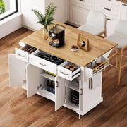 54 Isla de cocina grande con ala abatible de madera de caucho, carro de cocina rodante con textura repujada sobre 4 ruedas con 4 puertas y 3 cajones