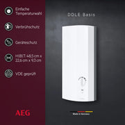 Calentador de paso AEG DDLE Basis 18/21/24 kW conmutable, selección de temperatura continua, 400V VDE, clase de eficiencia energética A, 222390