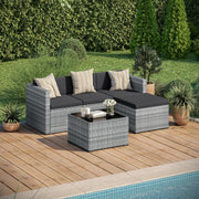 Set de muebles de jardín de ratán STEELSØN Zethora de 3 piezas – Conjunto de asientos para exterior para jardín/terraza/balcón – Salón de jardín con sofá de 3 plazas, taburete y mesa – Conjunto de muebles gris/antracita para 4 personas