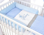 Set completo de cuna Baby Delux, cama casita de 60x120 cm, color blanco, con cajón, barrera anticaídas, colchón, ropa de cama y set de decoración (Prince Stars)