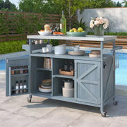 Isla de cocina para exteriores con cubierta de acero inoxidable, carrito de cocina de madera con puertas, estantes y especiero, isla de cocina con ruedas