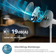 Ventilador PHILIPS Serie 2000. Potente y súper silencioso con tecnología SilentWings. 19 dB. Ventilador 2 en 1 de mesa y pie. Inclinación y oscilación ajustables. Temporizador de 12 horas. Blanco (CX2550/00)
