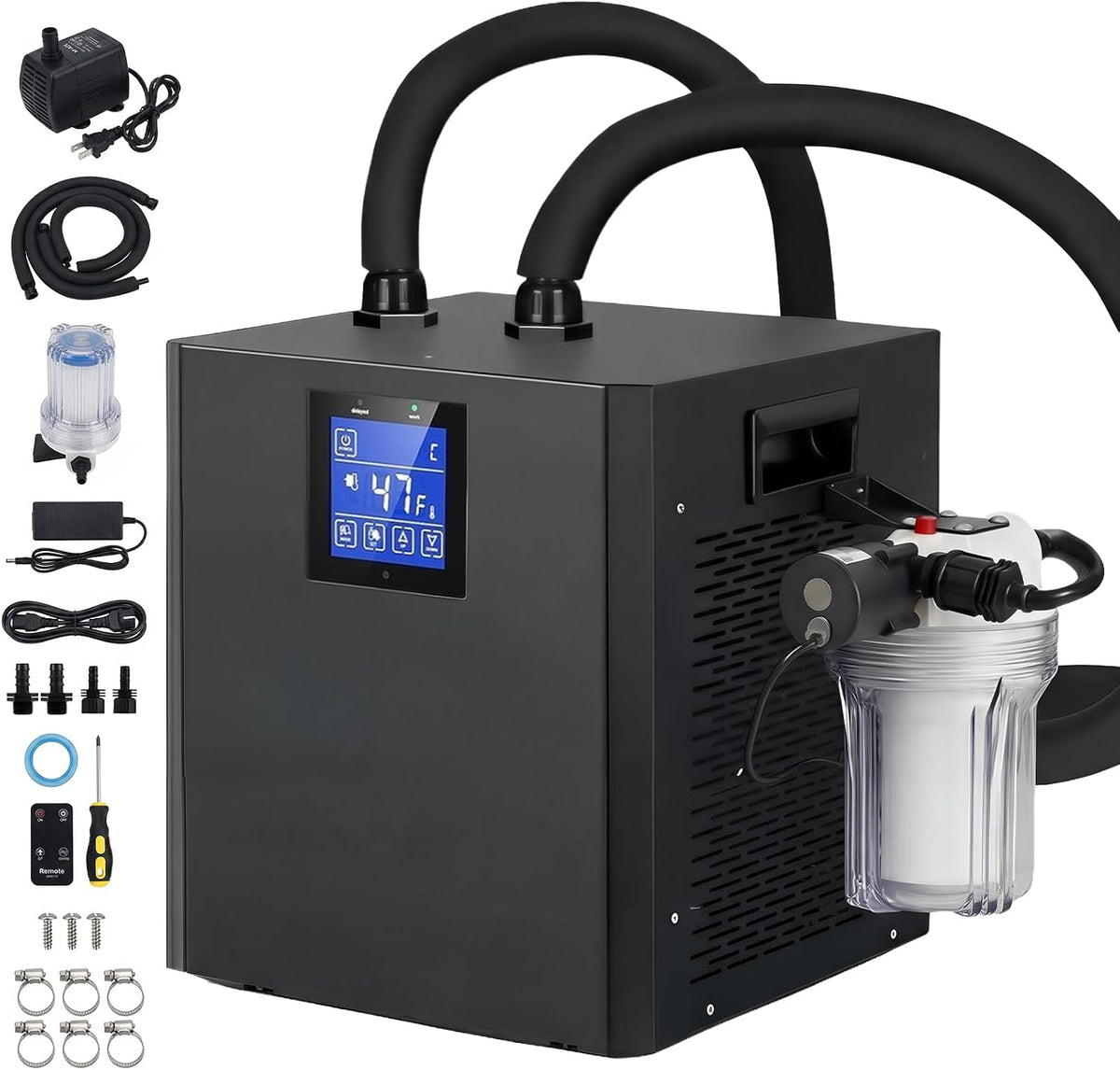 Enfriador para baño de hielo, kit de enfriador de agua de 1/3 HP para baño de hielo, dispositivo de refrigeración de 300L con pantalla táctil, control remoto, 39-122℉, con bomba y filtro para recuperación y terapia en casa