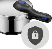 WMF Perfect Plus Juego de ollas a presión, inducción, 2 piezas, olla a presión de 6,5 l + 3 l, señal de cocción grande, 2 niveles de cocción, mango de tapa extraíble, regulador de cocción con una sola mano, acero inoxidable Cromargan pulido