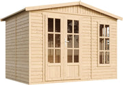 TIMBELA Caseta de jardín de madera de 6 m2 - Cobertizo de jardín exterior con suelo, ventana, puerta doble - Cabaña de jardín para trabajar en casa - con tejas bituminosas verde M334FB+H334FBGREEN