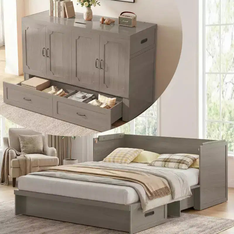 Cama Murphy convertible tamaño queen Mjkone con colchón, carga USB y cajones de almacenamiento