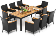 COSTWAY Juego de muebles de jardín de ratán de 9 piezas, conjunto de asientos para 8 personas, mesa de jardín con tablero de madera de acacia, 8 sillas y cojines, juego de muebles de terraza, conjunto de jardín, juego de asientos, grupo de comedor