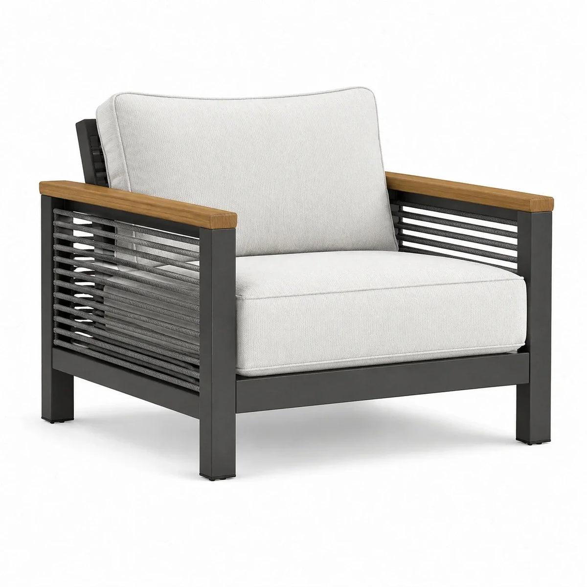 Sillón de jardín de aluminio con detalles de madera y tejido de poliéster