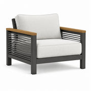 Sillón de jardín de aluminio con detalles de madera y tejido de poliéster