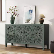 Aparador con almacenamiento, gabinete de almacenamiento con acabado desgastado, 4 puertas talladas y estante ajustable, mueble buffet de madera decorativo