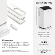 Acondicionador de aire móvil Bosch Cool 4000 - 3 en 1: aire acondicionado, deshumidificador, ventilador - 2,6 kW para habitaciones de hasta 35 m² - Con modo automático, modo silencioso y modo de suspensión