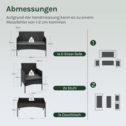 WOLTU Gartenmöbel 4-teilig Set mit 1 Sofa, 2 Sessel, 1 Couchtisch und Kissen Lounge-Möbel Outdoor 2-Sitzer-Bank mit Glas Gartentisch Terrassenmöbel Wetterfest für Garten, Terrassen, Balkon, Schwarz