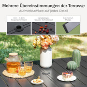 PHI VILLA Mesa de jardín con orificio para sombrilla para 6 personas, mesa de terraza para exterior, mesa de metal, muebles de jardín de 150 x 90 cm, mesa de jardín, mesa de terraza, resistente a la intemperie, negro