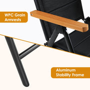 LIFERUN Silla de jardín con respaldo alto plegable, juego de 6 sillas de balcón de aluminio, reposabrazos de WPC, con respaldo y asiento acolchados, ajustable en 7 posiciones, hasta 120 kg, silla de comedor para exteriores, negro, 6 unidades