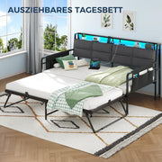 Sofá cama Brinlawb con cama nido, diván de 90x200 (180x200) cm, diván extraíble con iluminación LED y estación de carga (2 tomas de corriente CA, 2 puertos USB), cama individual y cama doble, cama de invitados