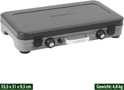 BRUNNER: Hornillo de camping de mesa 2 en 1 de 2 fuegos de acero inoxidable, parrilla de gas y hornillo de gas - POWERKOOK 50mbar con 1 cacerola + 1 plancha para asar, con regulador de gas y manguera de  gas