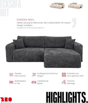 Sofá esquinero BROMARKT con función cama gris oscuro, sofá en forma de L de tela de pana con arcón, sofá cama para salón con espacio de almacenamiento, sofá esquinero de 3 plazas, conjunto de salón 244x148x82 cm TILIO