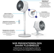 Ventilador Shark FlexBreeze silencioso, ventilador híbrido con y sin cable, portátil, para interiores y exteriores, resistente a los rayos UV y al agua, ultra potente, ultra silencioso, blanco FA220EU