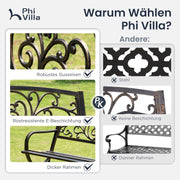 PHI VILLA Banco de jardín de metal inoxidable con respaldo de hierro fundido, marco de acero, banco de 2-3 plazas para exteriores con diseño floral para parque, jardín y terraza, bronce