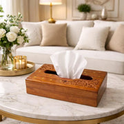 Caja rectangular de madera para servilletas con tallado floral, decoración rústica para baño, oficina o escritorio