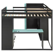 Litera tipo loft en forma de L para juegos con escritorios, litera doble con luces LED, puertos USB, estanterías de almacenamiento, cama alta esquinera de madera para 2 personas