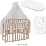 Cuna ovalada evolutiva Waldin, set completo 7 en 1, cuna de barrotes, cama infantil con colchón, cambiador, cuna colecho, madera blanca