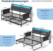 Sofá cama Brinlawb con cama nido, diván de 90x200 (180x200) cm, diván extraíble con iluminación LED y estación de carga (2 tomas de corriente CA, 2 puertos USB), cama individual y cama doble, cama de invitados