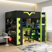 Cama tipo loft para juegos Luxystar Modern con escritorio iluminado, bandeja para teclado, tablero perforado y estantería de almacenamiento