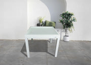 Mesa de jardín extensible MOMMA HOME de aluminio y vidrio templado - Mesa cuadrada extensible de exterior - Dimensiones 90/150 x 90 x 74 cm (blanco)