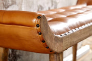 FineBuy Banco de cuero auténtico/madera maciza, color marrón, 125x50x38 cm, diseño Chesterfield, banco tapizado para recibidor, banco de cuero para pie de cama, para 2 personas, banco de recibidor moderno