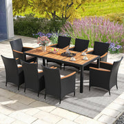 COSTWAY Juego de muebles de jardín de ratán de 9 piezas, conjunto de asientos para 8 personas, mesa de jardín con tablero de madera de acacia, 8 sillas y cojines, juego de muebles de terraza, conjunto de jardín, juego de asientos, grupo de comedor