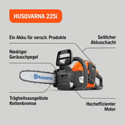 Motosierra de batería Husqvarna 225i: ligera, inalámbrica, silenciosa, espada de 14″, velocidad de cadena de 20 m/s, ideal para poda y mantenimiento de jardines (incluye batería y cargador)