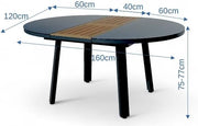 ALEOS. Conjunto de jardín, set de aluminio y teca con mesa redonda extensible de 120 cm a 160 cm + 6 sillas apilables, color antracita Trinidad