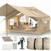 Tienda de campaña hinchable HAUSPROFI para 3-4 personas, 6,3 m² de estilo glamping con avance, apertura para chimenea, 200 cm de altura, 420D impermeable, bomba incluida