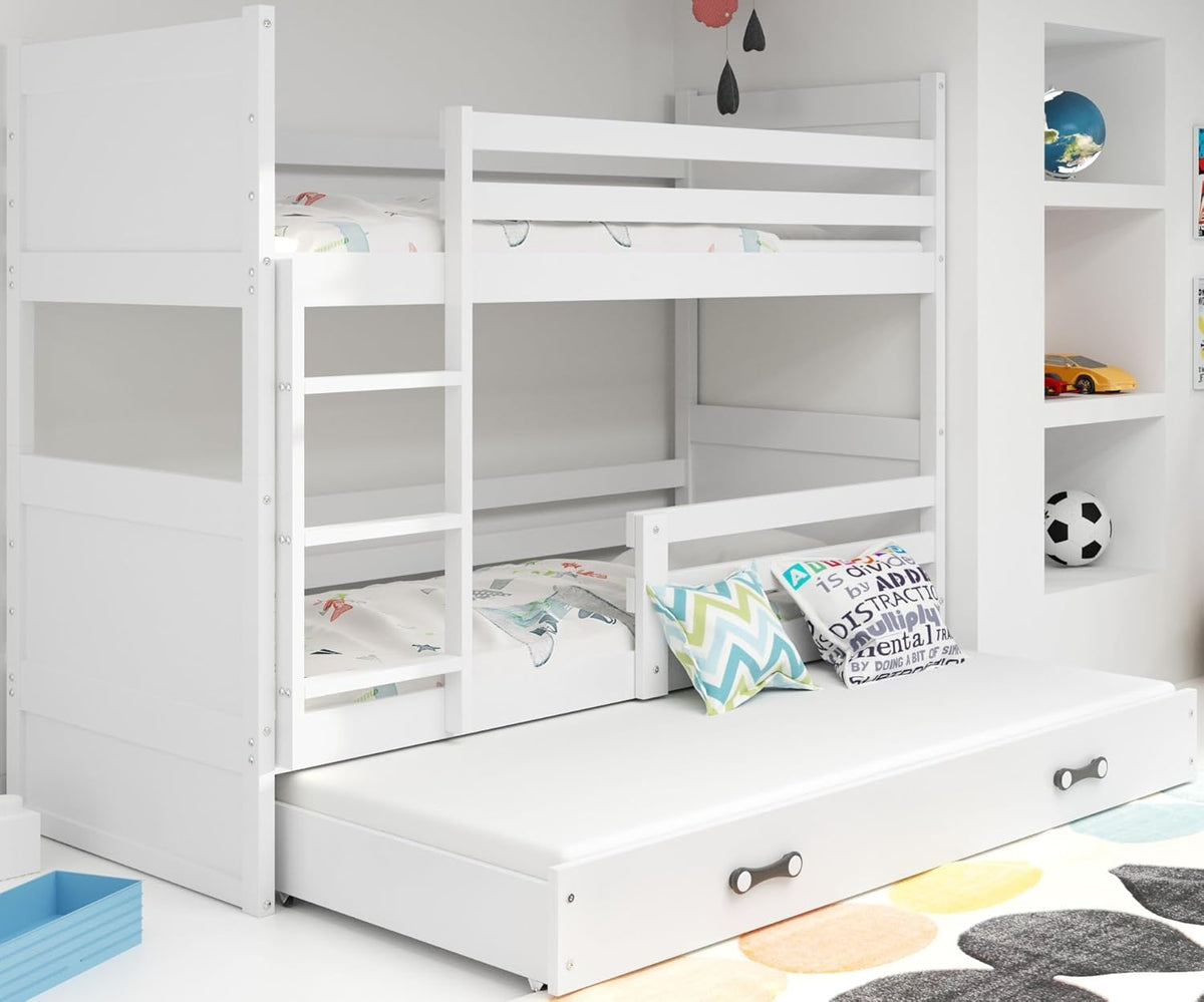 Interbeds litera para 3 niños, cama alta de 200x90 cm, cama de madera de pino, cama infantil con espacio adicional para dormir en el cajón, cama juvenil con somier y protección anticaídas