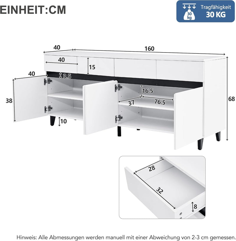 Aparador de alto brillo para salón con 4 cajones y 4 puertas, armario buffet con estantes de altura regulable, 160 x 40 x 68 cm, armario moderno para dormitorio, oficina, pasillo, blanco