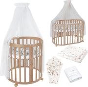 Cuna ovalada evolutiva Waldin, set completo 7 en 1, cuna de barrotes, cama infantil con colchón, cambiador, cuna colecho, madera blanca