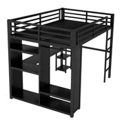 Estructura de cama alta tamaño queen con armario integrado, cama alta de metal con escritorio y estantes de almacenamiento, color negro