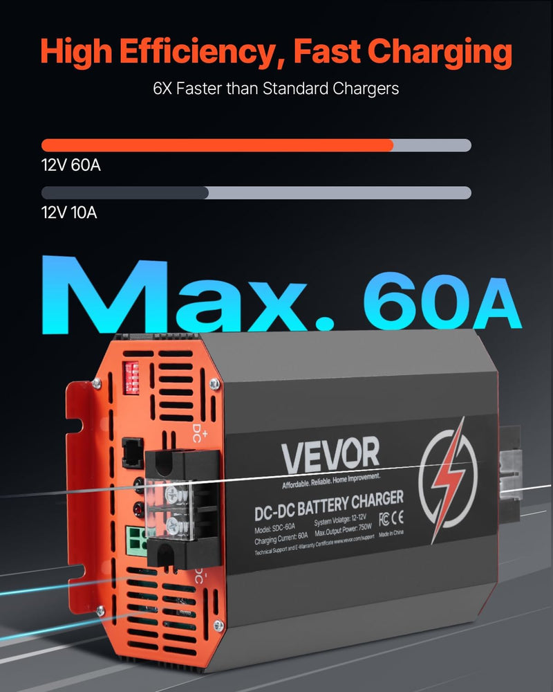 VEVOR Cargador de batería CC a CC 12 V 60 A 750 W para baterías de plomo-ácido, litio, AGM, GEL, fácil de instalar, cargador inteligente multietapa para automóviles, vehículos recreativos, camiones, barcos