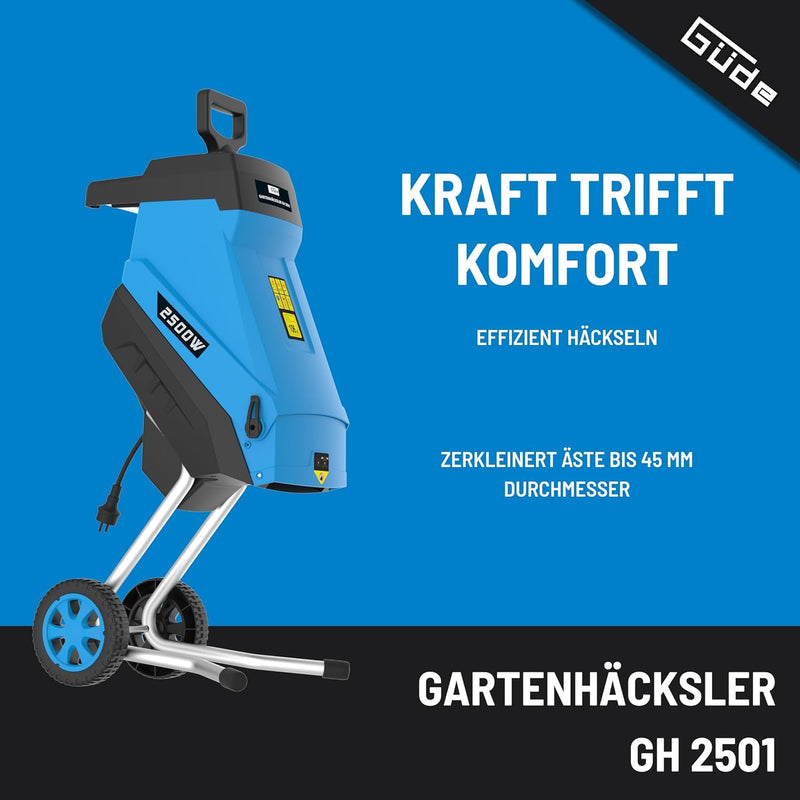 Trituradora de jardín Güde GH 2501 (2500 W, técnica de cuchillas, bajo mantenimiento, autoalimentación, ruedas de transporte, protección contra sobrecarga, grosor máx. de rama 45 mm, incl. bolsa de recogida de 45 L y empujador)