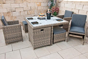 Ragnarök PolyRattan - Marca ALEMANA - Producción PROPIA - 8 años de garantía - Muebles de jardín, conjunto de comedor, mesa, 4 sillas, taburetes, 12 cojines, gris, aluminio inoxidable, natural, comedor, cubo, cristal