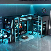 Litera tipo loft en forma de L para juegos con escritorios, litera doble con luces LED, puertos USB, estanterías de almacenamiento, cama alta esquinera de madera para 2 personas