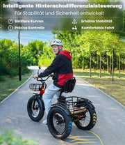 Triciclo eléctrico para adultos KAKIGO, neumáticos anchos de 20”x4”, bicicleta eléctrica plegable de aluminio, motor de 250W, 95 Nm, batería de 48V 15.6Ah, 20 km/h, cesta delantera y trasera, diferencial, 90 km de autonomía
