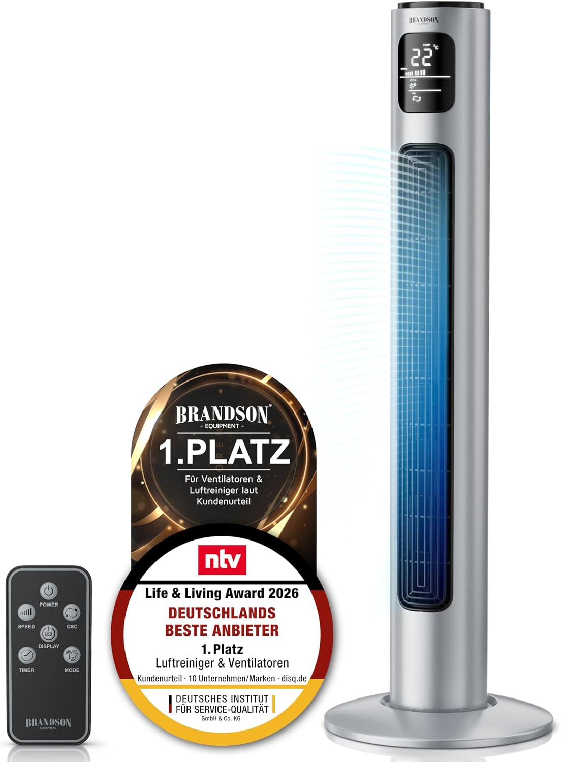 Brandson - Ventilador de torre con mando a distancia 96 cm - Galardonado 2026 - ventilador móvil silencioso - ventilador de pie oscilante - 3 velocidades 3 modos temporizador - ventilador con certificación GS - Plateado acero