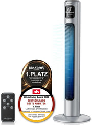 Brandson - Ventilador de torre con mando a distancia 96 cm - Galardonado 2026 - ventilador móvil silencioso - ventilador de pie oscilante - 3 velocidades 3 modos temporizador - ventilador con certificación GS - Plateado acero